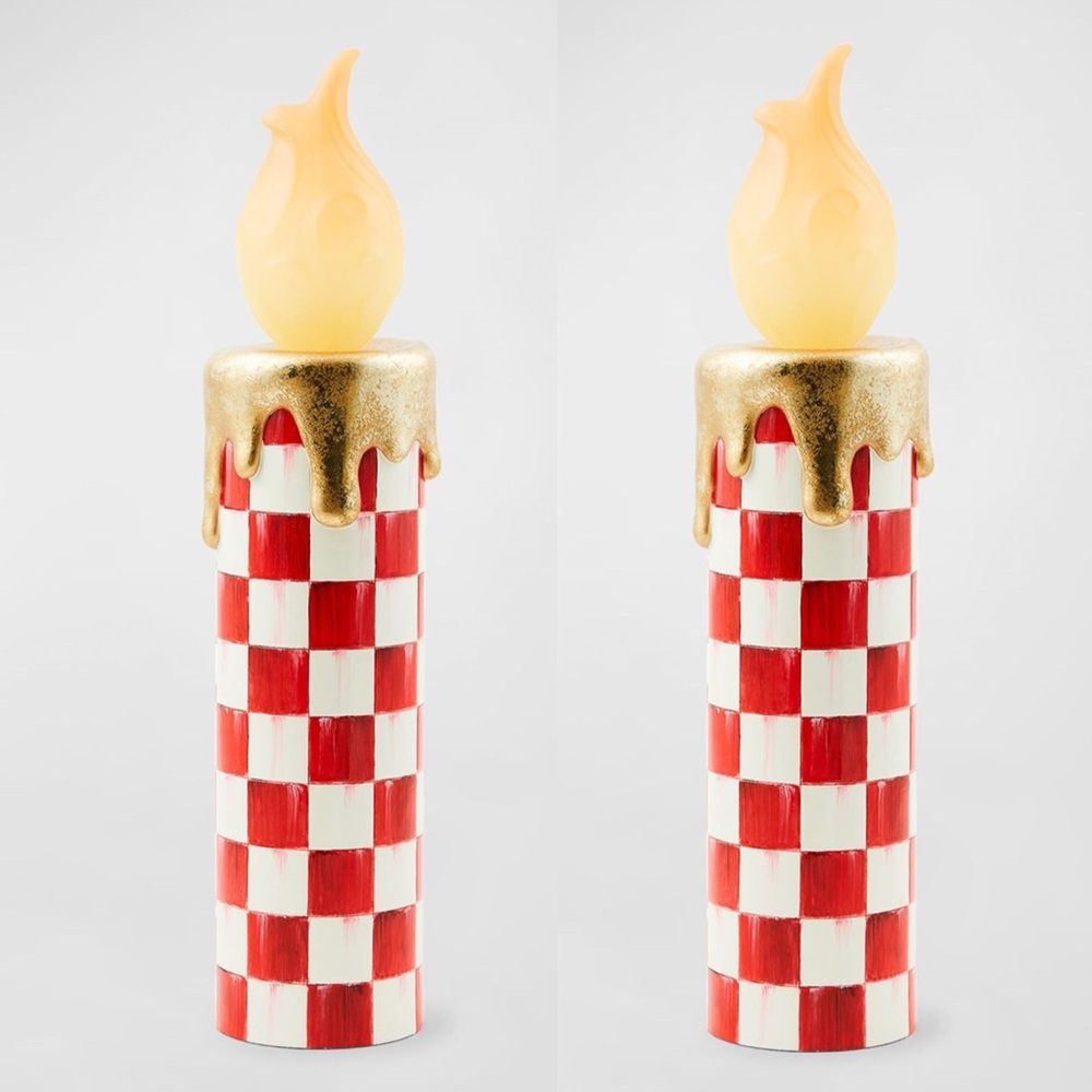 MacKenzie-Childs red and white Checkered Flickering Candle lit Christmas decor